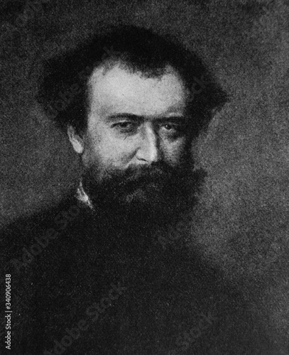 The Wilhelm Busch's portrait, a German humorist, poet, illustrator, and painter in the old book the History of Painting, by R. Muter, 1887, St. Petersburg