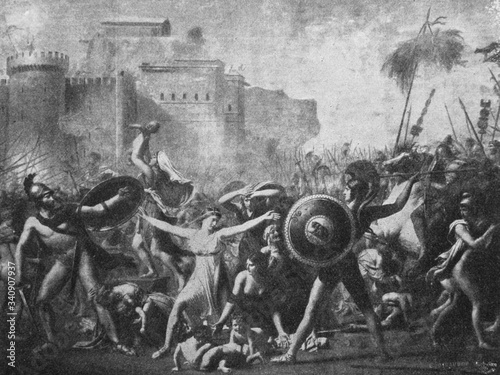 The Intervention of the Sabine Women by the French painter Jacques-Louis David in the old book the History of Painting, by R. Muter, 1887, St. Petersburg