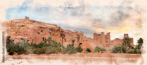 Ait Ben Haddou (Ait Benhaddou) is a fortified city on the former caravan route. Near Ouarzazate and the Sahara desert in Morocco. Watercolor sketch painting. Retro style postcard.