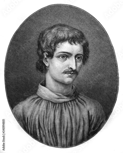 The Giordano Bruno's portrait, an Italian Dominican friar, philosopher, mathematician, poet in the old book the Giordano Bruno's life, by Iu. Antanovskiy, 1892, St. Petersburg