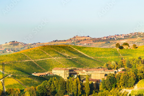 14 October 2019. Vinery of Fontanafredda among the vineyards in autumn, Piedmont; Italy