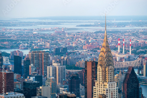 Manhattan skyline including architectural landmark Chrysler Building in New York City, United States of America.