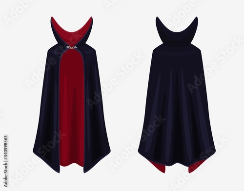 Realistic colorful dracula cape vector graphic illustration. Black and red color vampire carnival costume front and back view isolated on white background. Carnival clothes, masquerade fancy dress