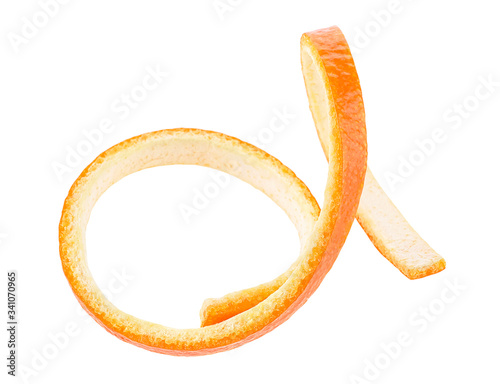 Orange peel stripe in spiral form isolated on a white background. Natural orange peel.