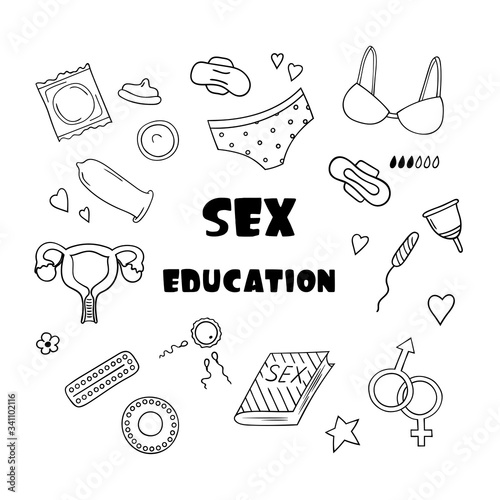 Sex education set of elements in doodle style. Black and white vector clipart.