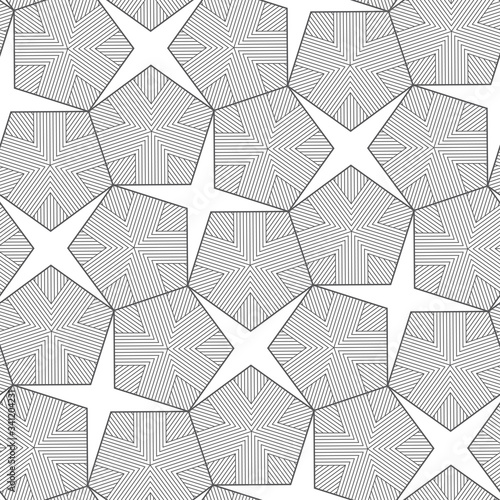 Vector black line geometric seamless pattern of modern pentagon cover. White background.
