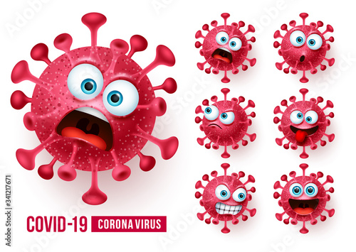 Covid19 corona virus emojis vector set. Covid-19 coronavirus emojis and emoticons with scary and angry facial expressions in white background. Vector illustration. 