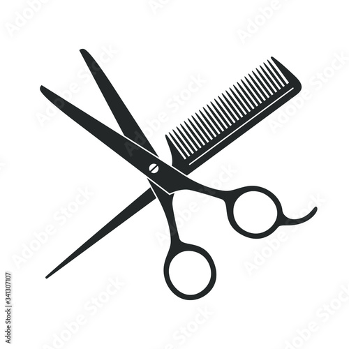 Scissors and hairbrush graphic icon. Sign crossed scissors and hairbrush isolated on white background. Barbershop symbols. Vector illustration