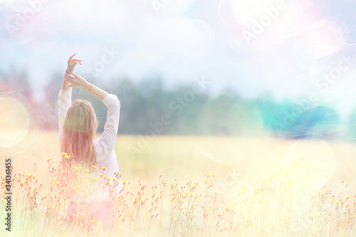 happy girl in autumn field with spikelets landscape / adult young girl portrait, summer look, nature