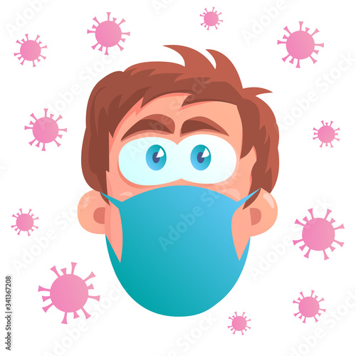 Face of a man with a protective mask against coronavirus. Scared eyes. Dangerous germs fly around the head. Vector isolated illustration in cartoon style.