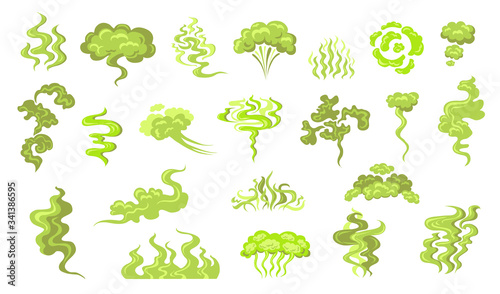 Smelling smoke flat icon kit. Cartoon bad odor cloud, green stinky aroma and dirt toxic steam vector illustration set. Smell breath and stink fart stench concept