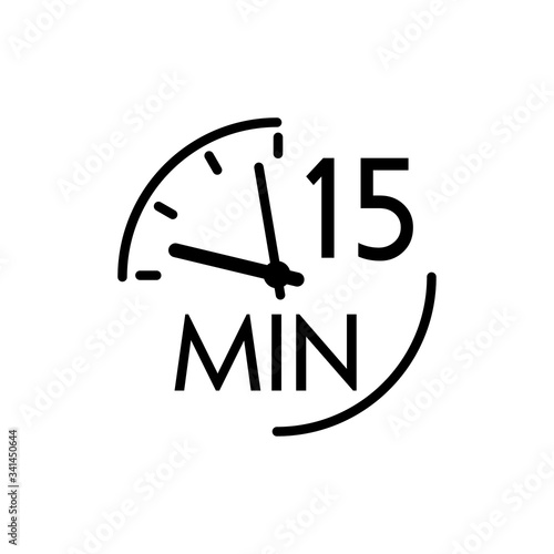 Icono plano lineal reloj con texto 15 min en color negro