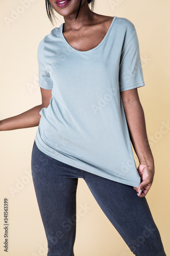 Woman wearing a blue t-shirt