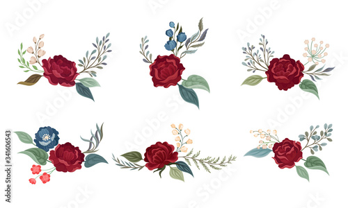 Flower Arrangement with Showy Rose Blossom in the Middle and Branched Twigs Vector Set