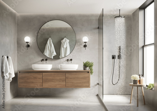 3d modern contemporary grey concrete bathroom with round mirror and shower
