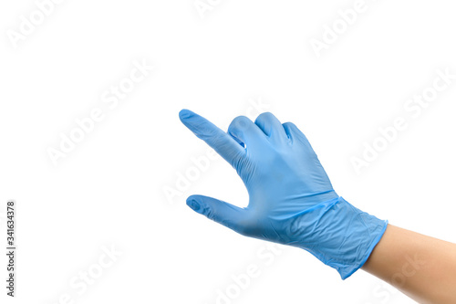 Female hand wearing protective gloves touching virtual screen isolated on white background.
