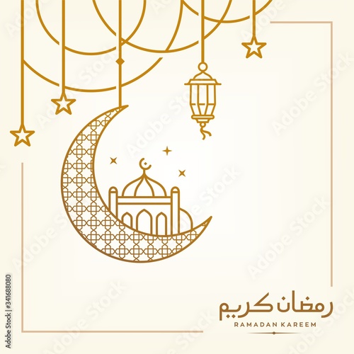 simple ramadan Kareem arabic caligraphy vector , Eid Mubarak Greeting Line icon minimal and simple vector design with mosque Glowing Lantern and hanging crescent moon star for background and Banner