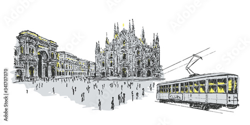 Vector Milan cathedral hand drawn illustration. Architectural sketch of the Duomo and tram.