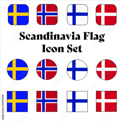 Scandinavia Flag Button set - Sweden, Denmark, Finland, and Norway rounded, circle, and square for European push button concepts.