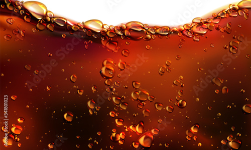 Splash of cola, soda or beer with bubbles. Vector realistic illustration of fizzy drink, champagne, cold carbonated beverage isolated on white background. Wavy flow of liquid brown effervescent water
