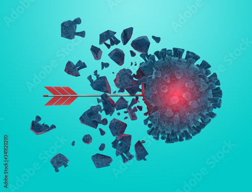 Arrow hits and destroys the coronavirus codiv19. Cyan background