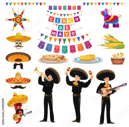 Cinco de Mayo fiesta vector food, musician, sombreros, pinatas, guacamole and enchiladas. Mexican holiday chilli pepper and skull characters, mariachi hats, maracas, guitar, papel picado flags, nachos