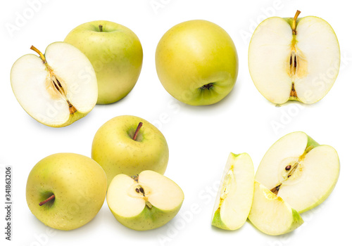 Fresh Green Apple Isolated on White, Apple Wang Lin or Apple Orin, Golden yellow delicious juicy apples isolated on white