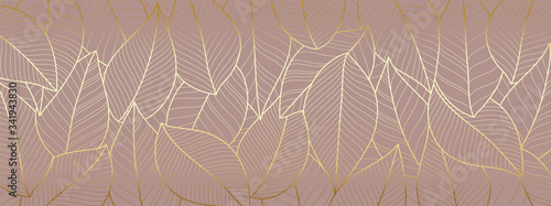 Luxury wallpaper design with Gold leaf and natural background. Leaves line arts design for fabric, prints and background texture, Vector illustration.