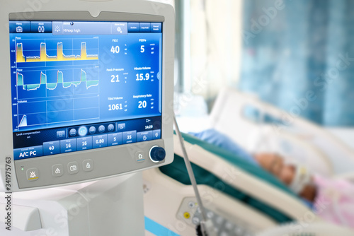 Ventilator monitor ,given oxygen by intubation tube to patient, setting in ICU/Emergency room