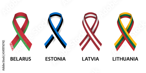 Set of four Belarussian, Estonian, Latvian and Lithuanian stripe ribbons. Pray for Belarus, Estonia, Latvia and Lithuania. Independence day. Simple icons with flags isolated on a white background