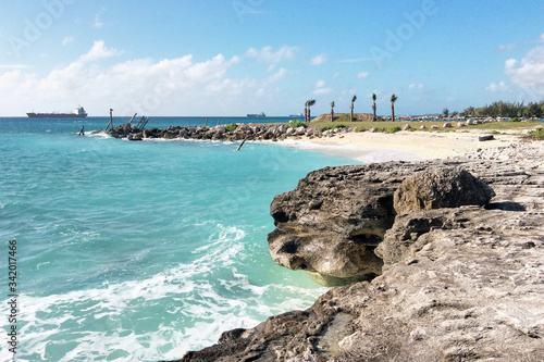 Freeport, Grand Bahama/Bahamas - Sep 01, 2016: Panoramic beach view with rocks and stones in Bahamas.