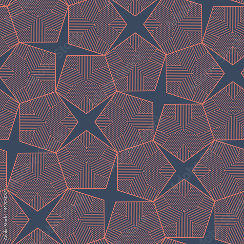 Vector colored line geometric seamless pattern of modern pentagon cover. Blue background.