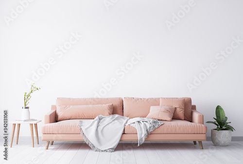 Bright interior design of living room with stylish furniture on white background, home decor, mock up interior 