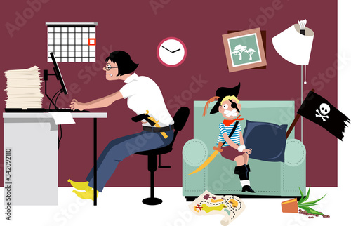 Woman attempting working from home while her mischievous kid in a pirate costume sitting on a chair, disarmed and silenced, EPS 8 vector illustration
