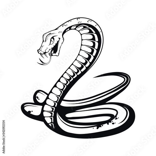 Sketch Black Mamba. Teeth bared, ready to strike. Black snake. Poisonous snake common in Africa. Black coloring of the internal cavity of the mouth. Logo for sport team. Snake mascot.