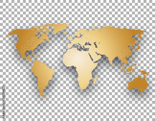 gold world map with shadow on transparent background