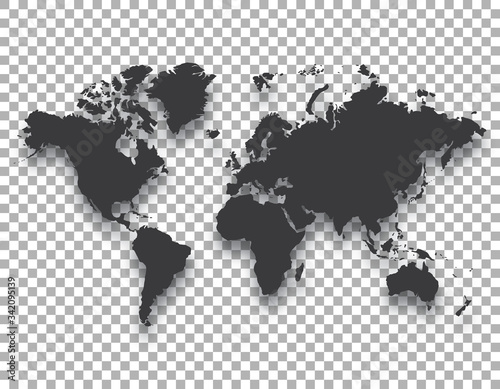 world map with shadow on transparent background