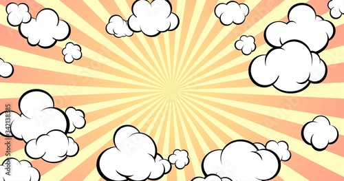Background with empty space for text or object. Pop art style. Comic style. The sky with clouds. Horisontal format.