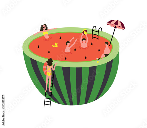 Cartoon people swimming in giant isolated watermelon pool