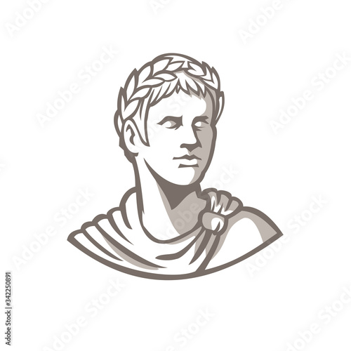 Mascot icon illustration of bust of an ancient Roman emperor, senator or Caesar, ruler of the Roman Empire during the imperial period wearing crown of laurel leaves on isolated background retro style.