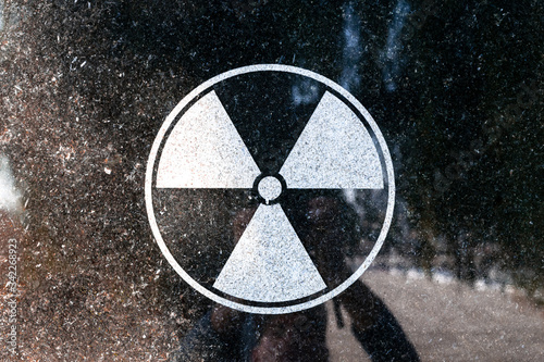 radioactive energy symbol on the concrete stone. Memorial in Tiraspol for those affected in Chernobyl.