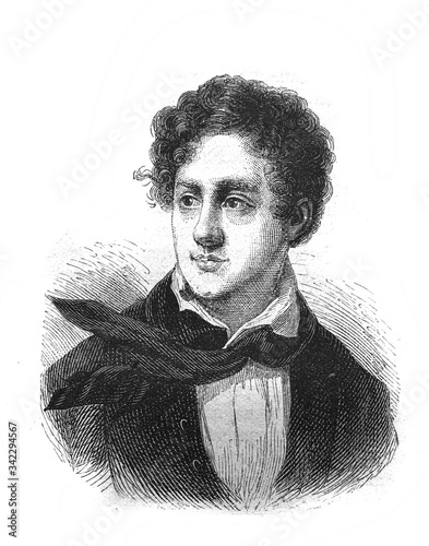 Portrait of George Gordon Byron English poet - romantic in the old book The Essays in Newest History, by I.I. Grigorovich, 1883, St. Petersburg