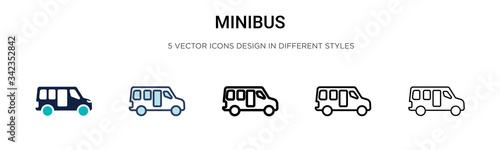 Minibus icon in filled, thin line, outline and stroke style. Vector illustration of two colored and black minibus vector icons designs can be used for mobile, ui, web