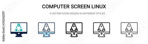 Computer screen linux icon in filled, thin line, outline and stroke style. Vector illustration of two colored and black computer screen linux vector icons designs can be used for mobile, ui, web