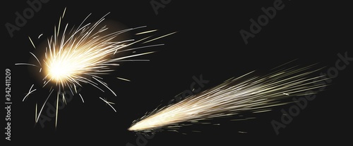 Realistic sparks of weld metal blade, firework petard flare, comet trail. Bright glowing sparkling light of electric circular saw, flying asteroid isolated on black background, 3d vector clip art