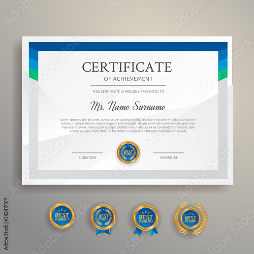 Modern blue certificate template and border, for award, diploma, and printing