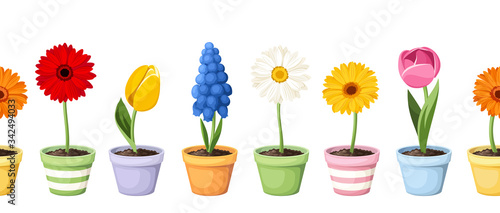 Vector horizontal seamless background with colorful spring flowers in flowerpots.