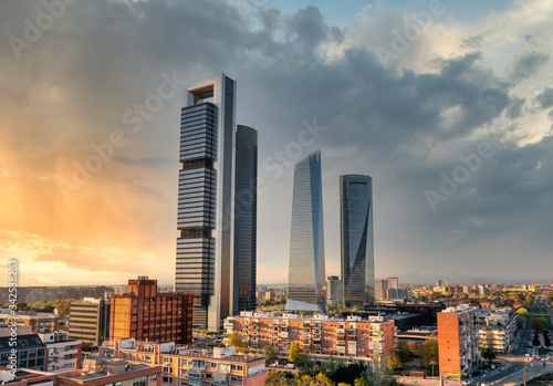 4 towers business center Madrid at sunset