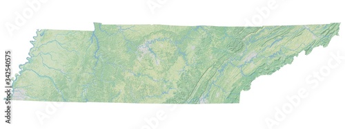 High resolution topographic map of Tennessee with land cover, rivers and shaded relief in 1:1.000.000 scale.