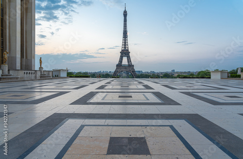 Paris, France - 04 25 2020: View of the Eiffel Tower from the Trocadero esplanade during the coronavirus period